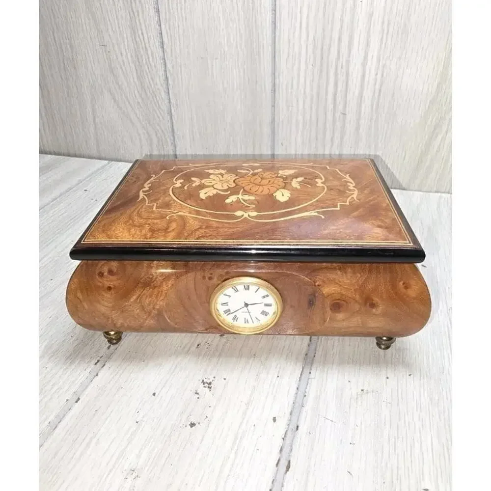 Vtg Floral Inlaid Music Box Romance Swiss Edelweiss R Rogers 6307 Jewelry